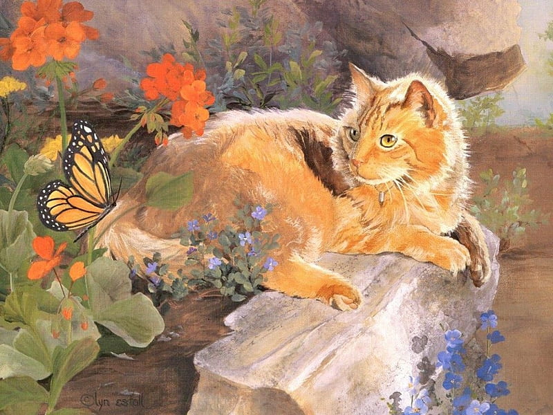 cats-cat-kitten-art-painting-flower , Stein, Schmetterling, Cats, Deutschland, HD wallpaper