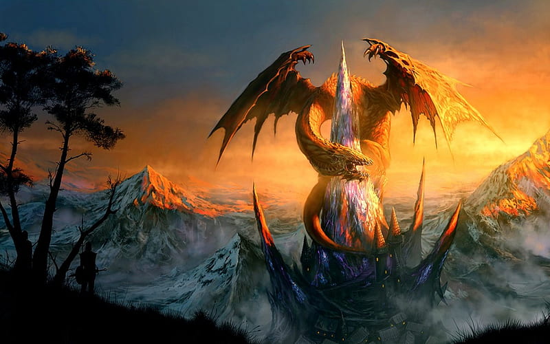 awesome dragon, mountain, tree, man, dragon, HD wallpaper