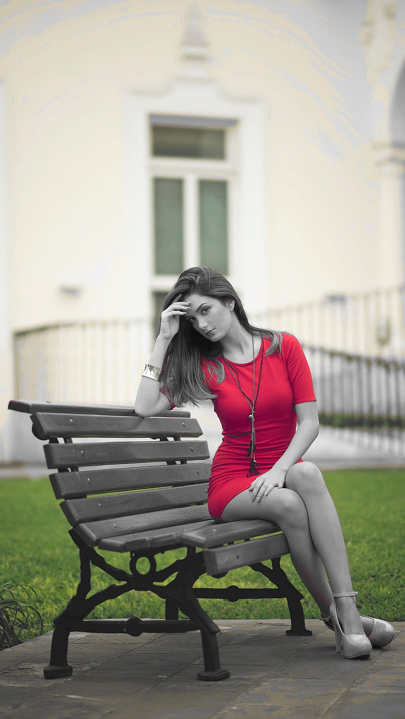 Bored, black and white, bench, black and white, bw, female, red dress, sitting, waiting, woman, HD phone wallpaper