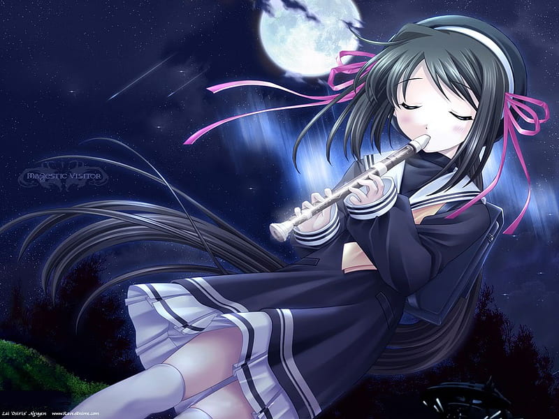 Flute, girl, full moon, anime, HD wallpaper