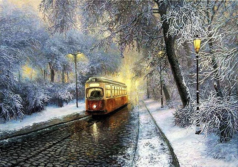 Tramway, snow, painting, trees, artwork, winter, HD wallpaper