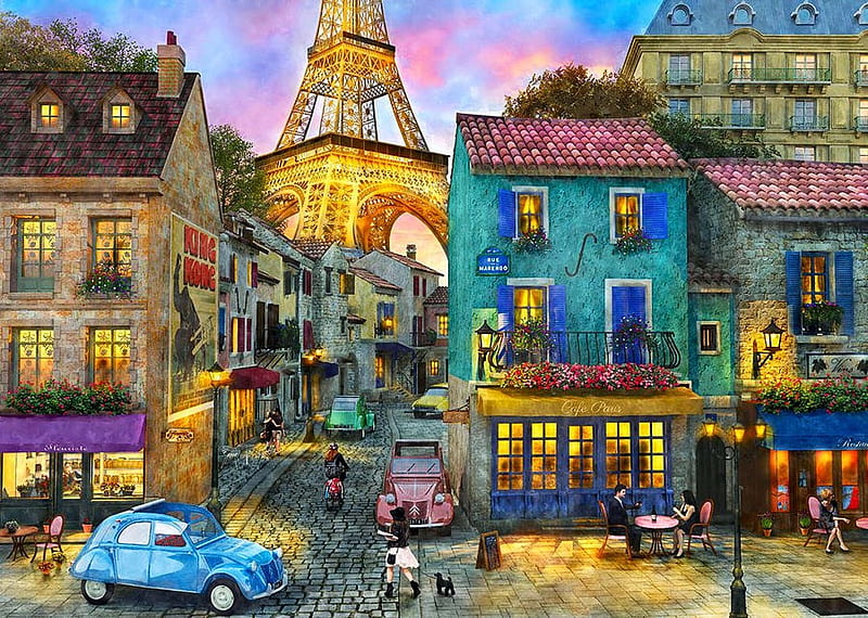 Streets of Paris, carros, eiffel tower, houses, painting, artwork, lights, HD wallpaper