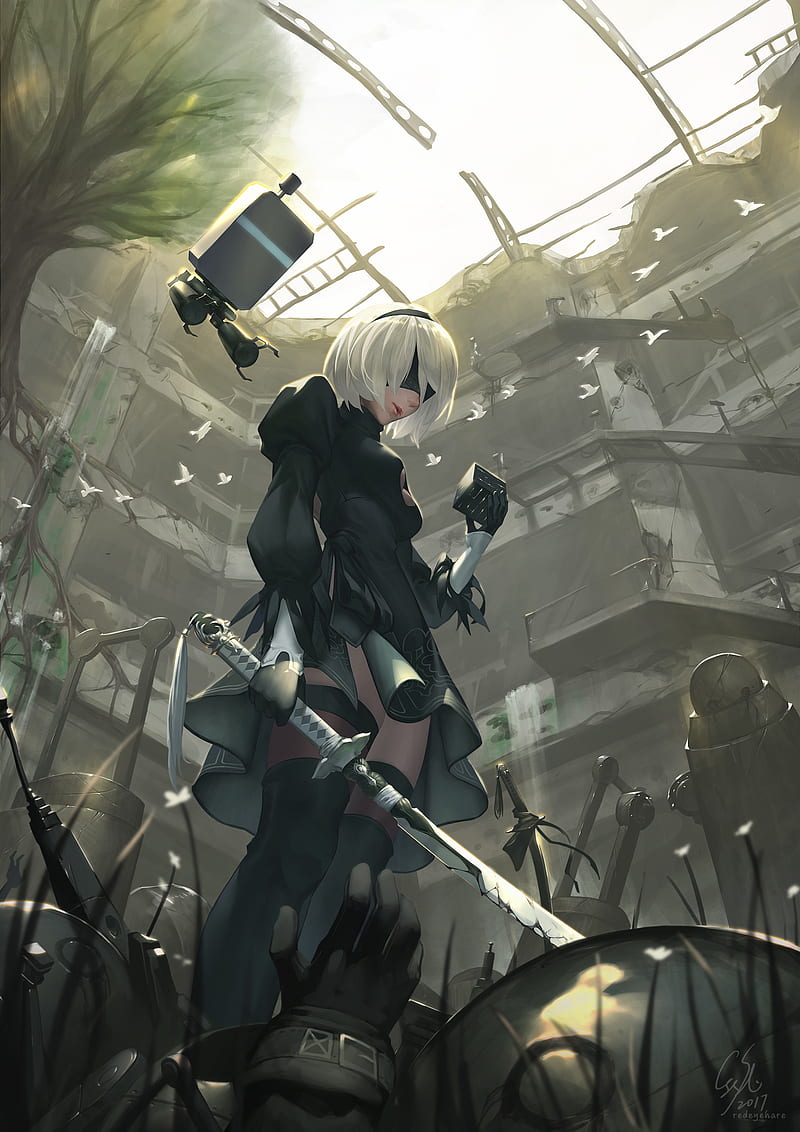 2B (Nier: Automata), 9S (Nier: Automata), anime, 4K, Nier: Automata, anime  boys, anime girls, blindfold, Anime screenshot