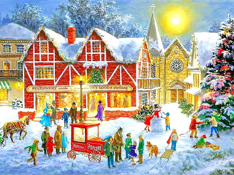 ★Christmas Festival★, sleigh, villages, festival, holidays, children, attractions in dreams, xmas and new year, horse carriages, paintings, people, churches, traditional art, christmas, love four seasons, christmas trees, winter, snow, HD wallpaper