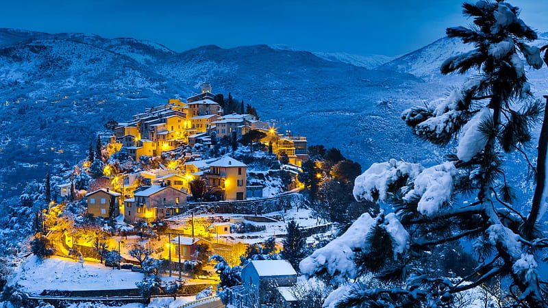 wonderful hill town at night in winter, mountains, town, hill, lights, night, winter, HD wallpaper