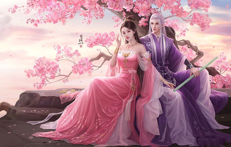 Love under Sakura, couple, sakura, art, fantasy, love, digital, pink, HD wallpaper