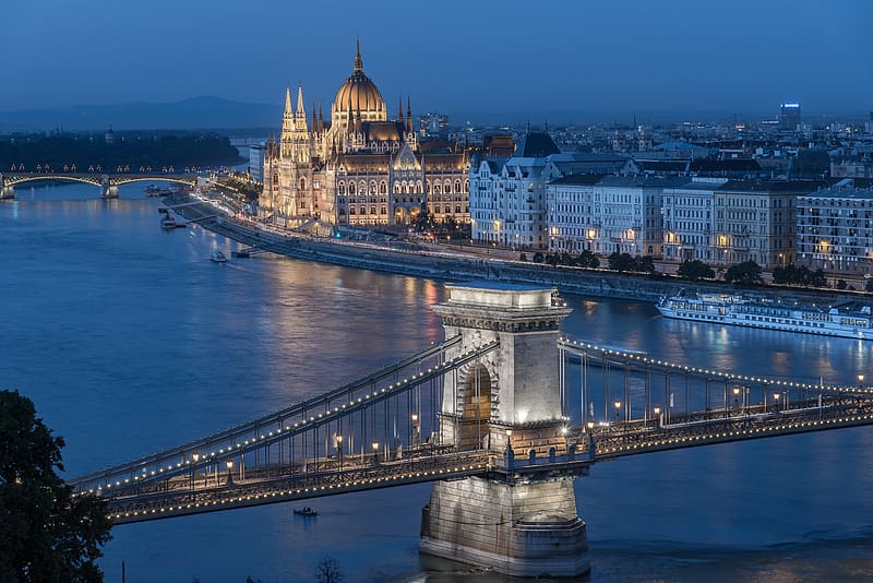 Night, Monuments, Building, Bridge, Hungary, River, Budapest, Danube, , Hungarian Parliament Building, Chain Bridge, HD wallpaper