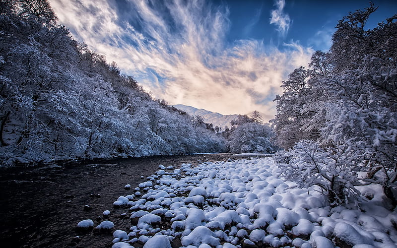 mountain river, winter, snow, evening, sunset, Canada, HD wallpaper