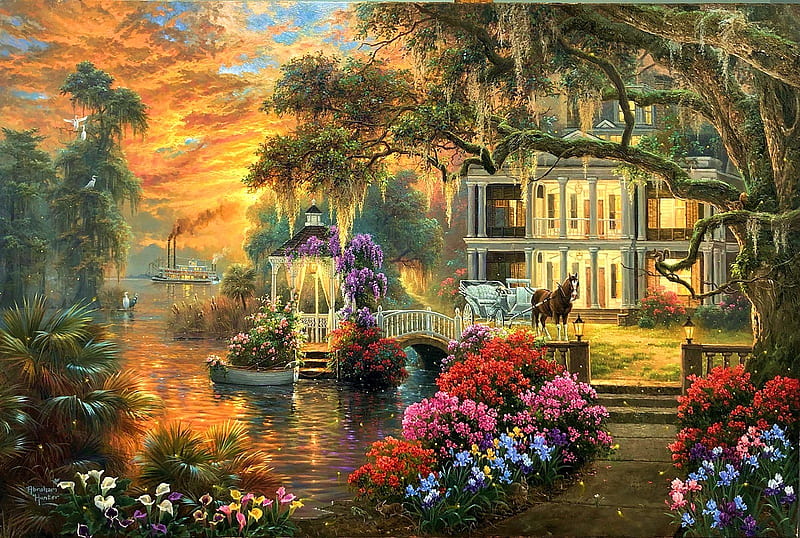 Southern Charm, victorian, birds, steamer, cart, villa, sunset, trees, sky, horse, clouds, artwork, boat, painting, flowers, river, HD wallpaper