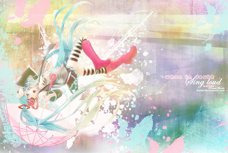 Hatsune Miku, colorful, boots, umbrella, smiling, twin tails, happy ...