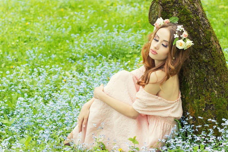Beautiful Dreamer, tree, field blue flowers, floral wreath, meadow, women, HD wallpaper