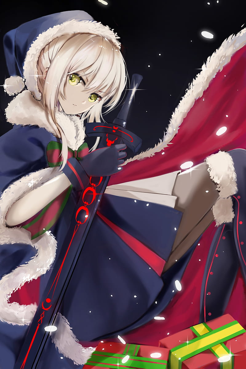 Christmas, Fate/Grand Order, pantyhose, Saber Alter, Saber, sword, cloaks, gloves, simple background, HD phone wallpaper