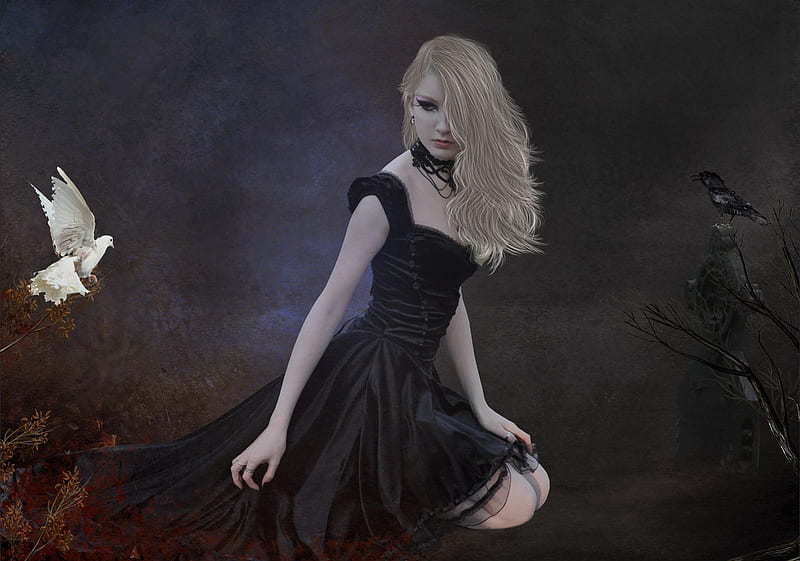 Goth Girl with Bird, goth, fantasy, female, girl, teen, dark, balck, white, HD wallpaper