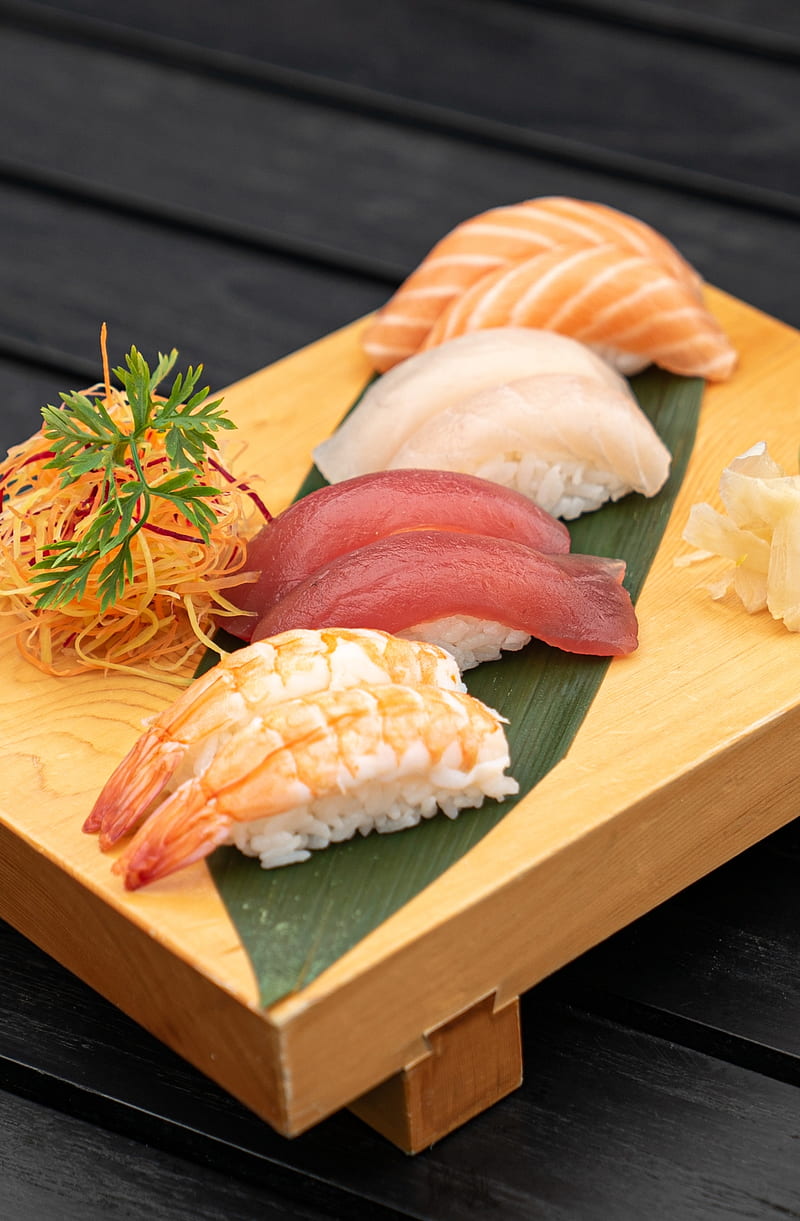 Raw Fish, background, black, chef, food, japanese, rice, wodden, HD phone wallpaper