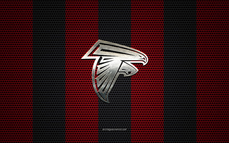 Atlanta Falcons logo, American football club, metal emblem, red and white metal mesh background, Atlanta Falcons, NFL, Atlanta, Georgia, USA, american football, HD wallpaper