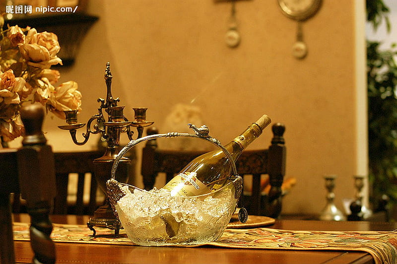 Waiting for you, table, bottle, wine, clock, candle holder, runner, ice, flowers, chair, bowl, HD wallpaper