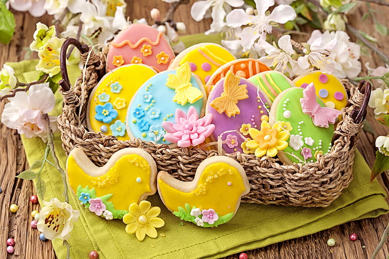 Easter Cookies, cookies, glaze, holiday, decoration, basket, flowers, spring, easter, HD wallpaper