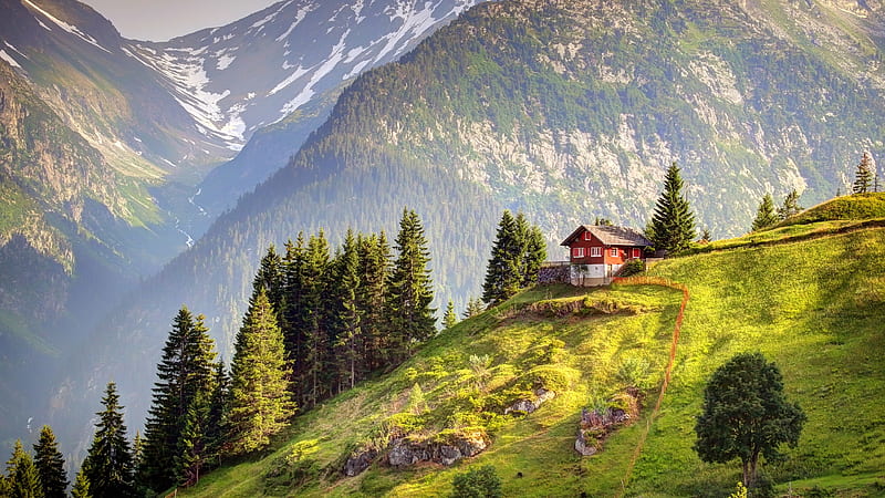 Switzerland, house, mountains, trees, HD wallpaper