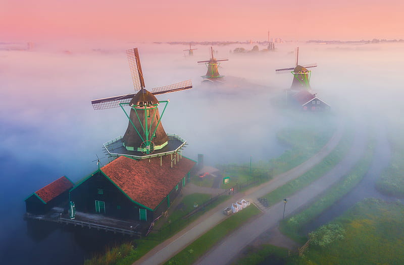 Netherlands Famous Windmills Landscape Mist Ultra, Europe, Netherlands, Nature, Windmills, Mist, Foggy, amsterdam, History, Traditional, earlymorning, zaanseschans, HD wallpaper