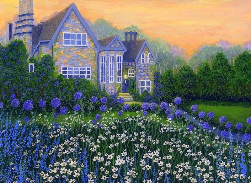 English Cottage, paintings, cottages, houses, flowers, love four seasons, garden, beautiful houses, spring, HD wallpaper