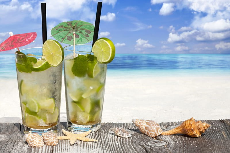 Mojito, seashells, beach, cocktail, summer, drink, sea, HD wallpaper