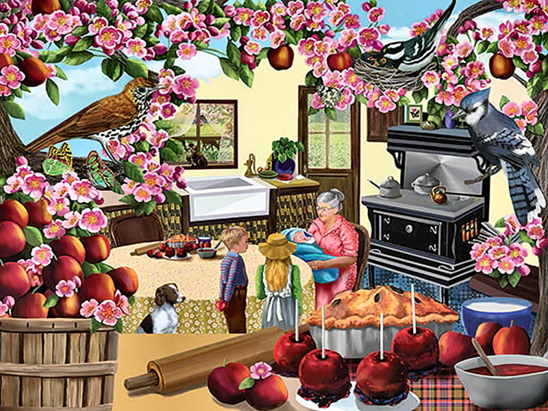 Granny's Apples 2, art, apples, children, birds, stove, trees, artwork, grandmother, thompson, painting, pie, scenery, mary thompson, HD wallpaper