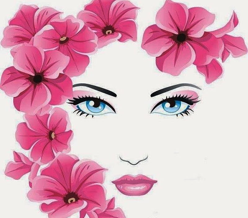  Flores rosas, caras, ilustraciones, flores, belleza, ojos, dibujos, Fondo de pantalla HD