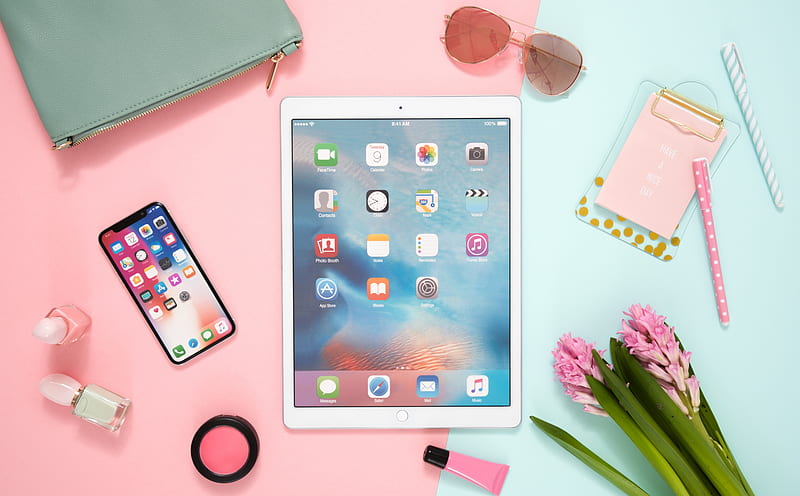 Cute Women's Office Desk Stuff Ultra, Cute, Blue, Internet, Modern, Pink, Colored, Woman, Desk, Connected, Female, Hyacinth, Ladies, Online, makeup, sunglasses, smartphone, accessories, mockup, devices, trendy, icons8, cosmetics, essentials, makeup bag, working place, HD wallpaper