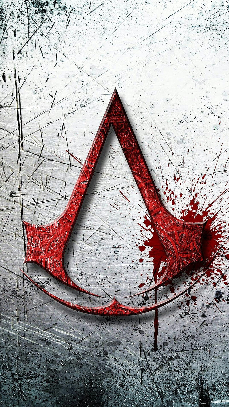 Assassins Creed, logo, blood, metal, steel, red, gris, white, HD phone wallpaper