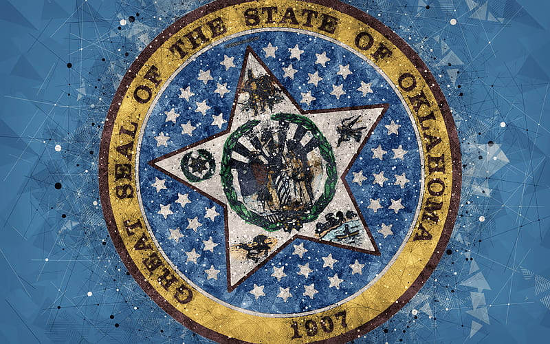 Seal of Oklahoma emblem, geometric art, Oklahoma State Seal, American states, blue background, creative art, Oklahoma, USA, state symbols USA, HD wallpaper