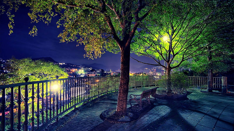 Beautiful Cityscape View From Park With Bench And Fence Nature, HD wallpaper