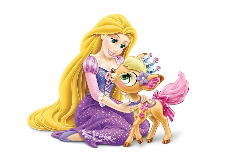 Rapunzel and Gleam, rapunzel, fawn, orange, blonde, deer, cute, fantasy, palace pets, girl, purple, gleam, white, princess, pink, disney, HD wallpaper