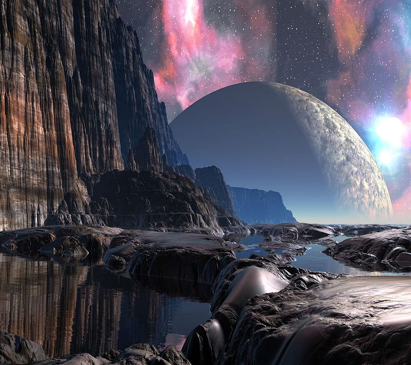 Moon Cliff , 2013, 3d, galaxy, mountains, new, planets, space, stars, HD wallpaper