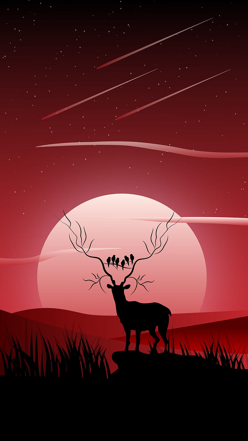 Deer red silhouette, aesthetic, art, illustration, imagination, pink, positive, sunset, wild, HD phone wallpaper