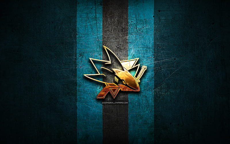 San Jose Sharks, golden logo, NHL, blue metal background, american hockey team, National Hockey League, San Jose Sharks logo, hockey, USA, HD wallpaper
