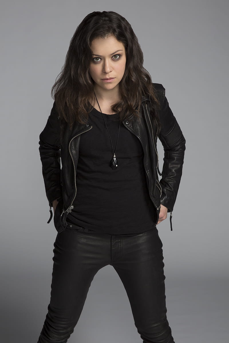 women, actress, Tatiana Maslany, Orphan Black, gray background, simple background, leather jackets, HD phone wallpaper