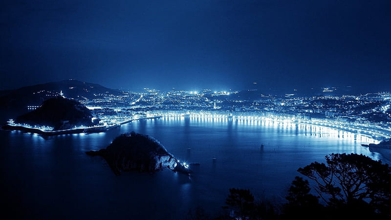 san sebastian spain in blue lights at night, city, island, reflection, lights, harbor, blue, night, HD wallpaper