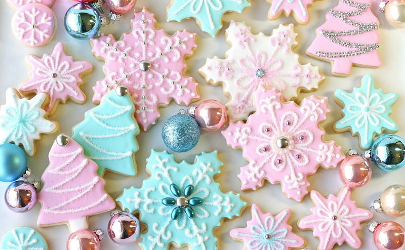Christmas cookies, christmas, food, sweet, dessert, cookies, tree, snowflake, forma, pink, blue, HD wallpaper