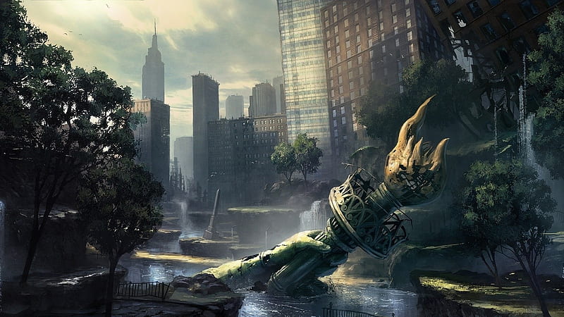 Dystopia, architecture, survival, NYC, ruins, Statue Of Liberty, apocalypse, fantasy, city, New York, broken down, post apocalyptic, abandoned, HD wallpaper
