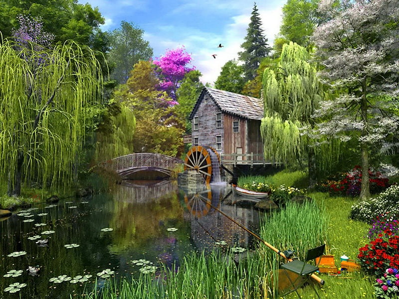 Fishing at the old mill, pretty, shore, grass, mill, bonito, old, nice, calm, willow, painting, flowers, reflection, fishing, art, forest, quiet, lovely, spring, sky, trees, lake, pond, tranquil, serenity, nature, HD wallpaper
