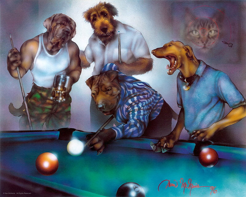 Dogs playing pool, art, funny, cartoon, other, HD wallpaper