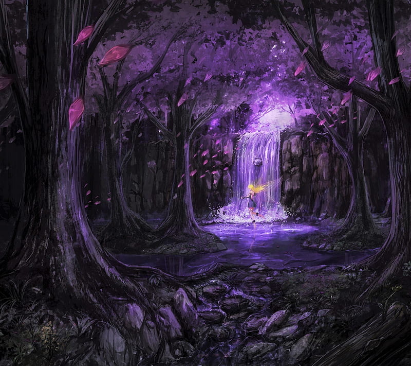 purple forest, scenic, fairy, anime girl, waterfall, stream, Anime, HD wallpaper