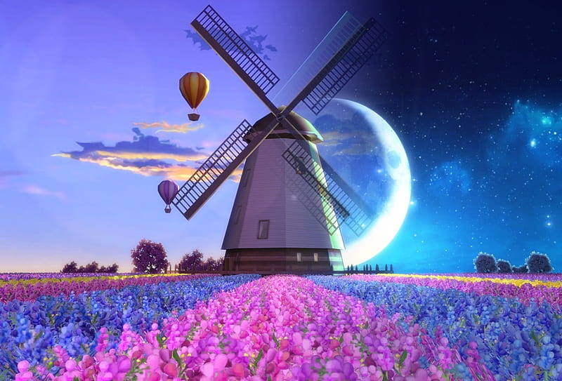 Windmill Fantasy, windmill, moon, flowers, hot air balloons, clouds, sky, field, stars, trees, beauty, HD wallpaper