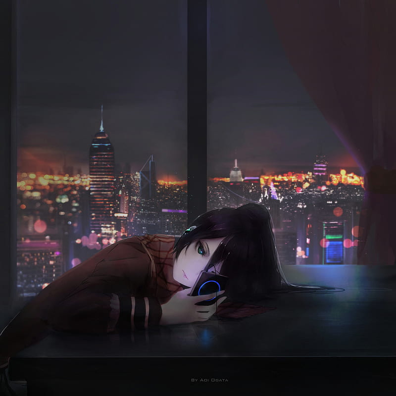Aoi Ogata, artwork, anime girls, city, night, phone, HD phone wallpaper