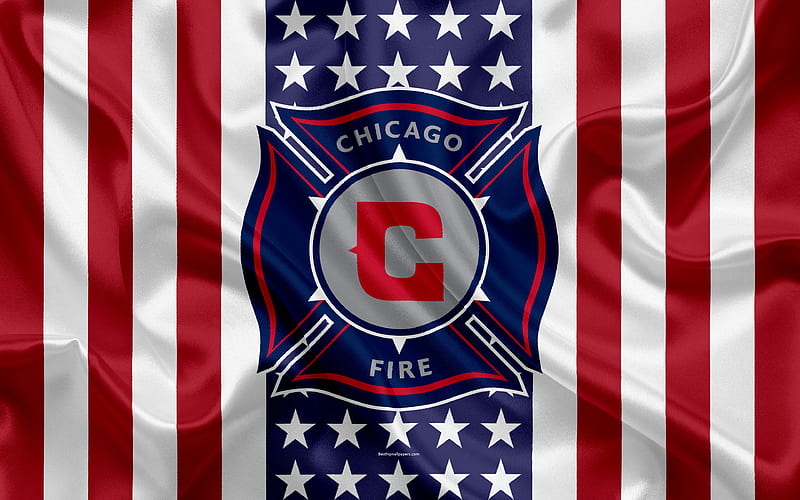 Chicago Fire logo, silk texture, American flag, emblem, football club, MLS, Chicago, Illinois, USA, Major League Soccer, Eastern conference, HD wallpaper