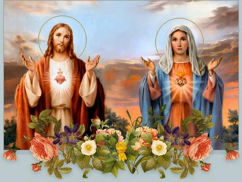 Two hearts, a love, christ, jesus, love, virgin, mary, mother, HD wallpaper