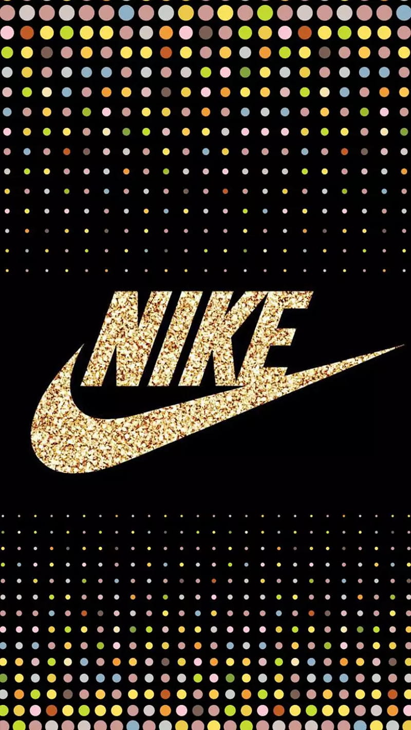 Nike Glitter Dot, black, gold, logo, multi colored, polka dots, HD phone wallpaper