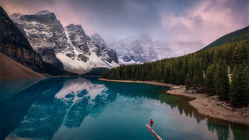 Canadian Rockies Moraine Lake With Mountain Reflection And A Man Is Standing On Broken Long Tree Nature, HD wallpaper