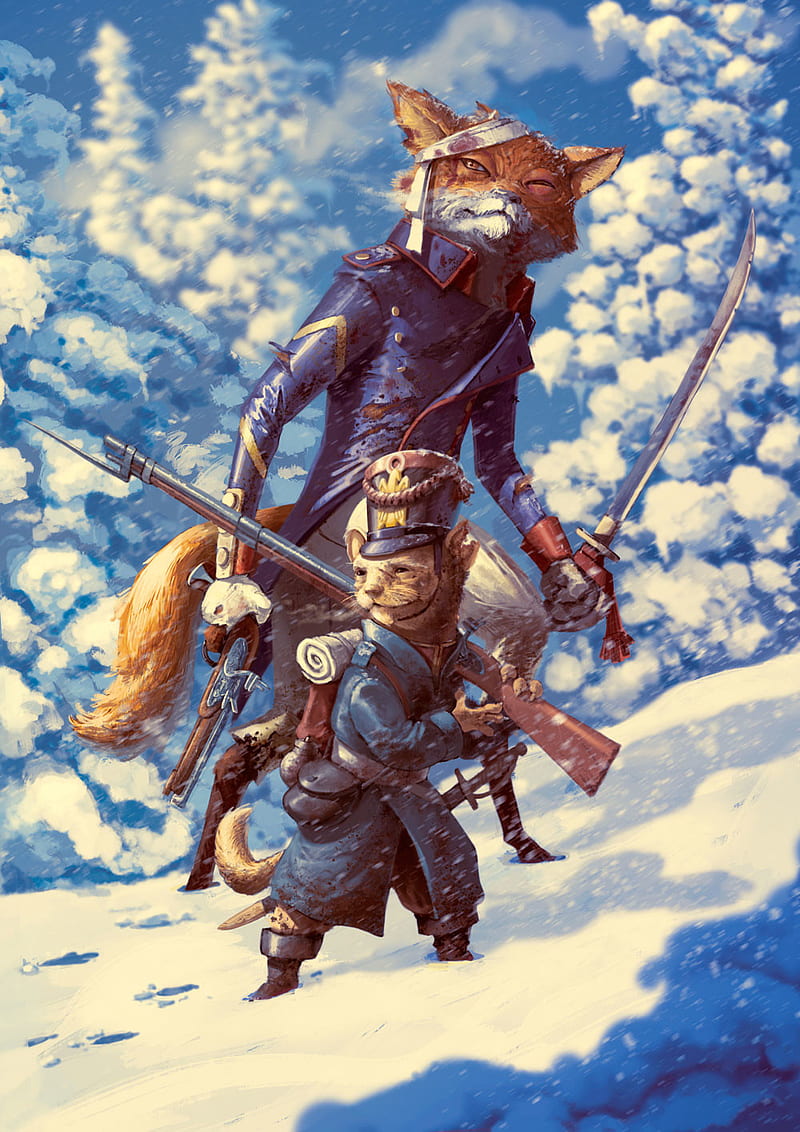 Daniel Herrera, winter, fox, squirrel, snow, gun, boots, trees, HD phone wallpaper