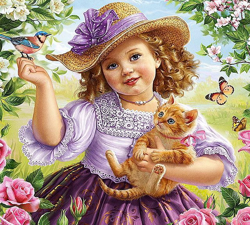Nature Girl And Animals, Little Girl, Kitten, Flowers, Hat, Animals, Butterfly, HD wallpaper